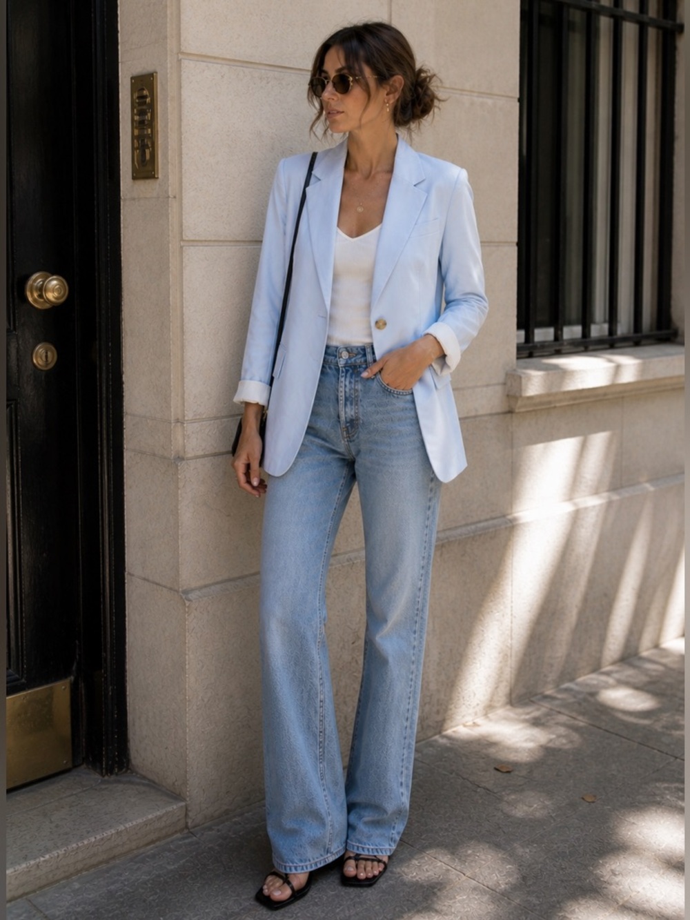H&M Light Blue Linen Blend Single Button Blend Tailored Blazer Womens XS EUC